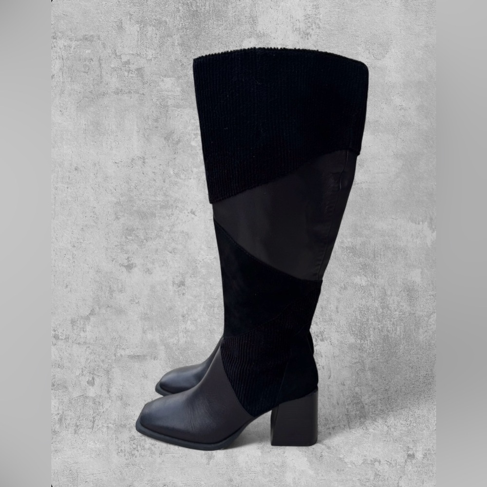 Chelsea & Violet Black Leather Knee High Block Heel Boots